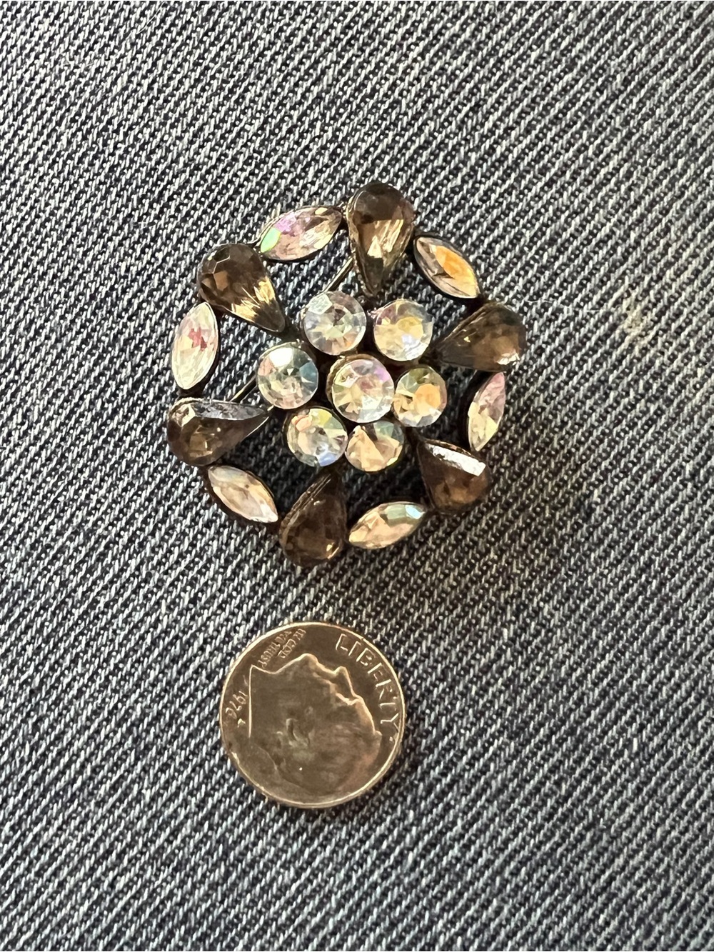 Vintage Crystal Teardrop Flower Cluster Brooch Smoke and Aurora Rhinestones - Picture 3 of 8